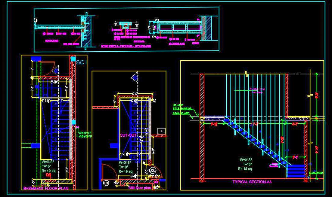 Floating Staircase Design in Autocad with Metal Wire Railing